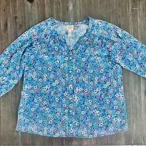 St. John's Bay Blue Flower Mandarin Collar Button Down Blouse